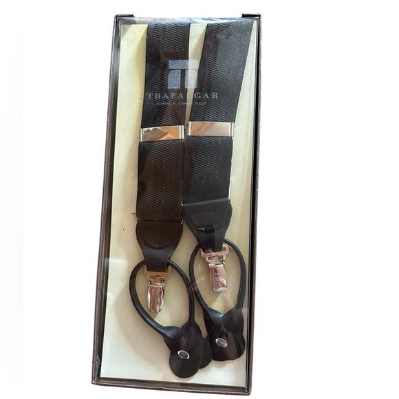 Trafalgar Mens Suspender Braces Black Nylon Adjustable Button End & Clip OS New - Picture 1 of 2